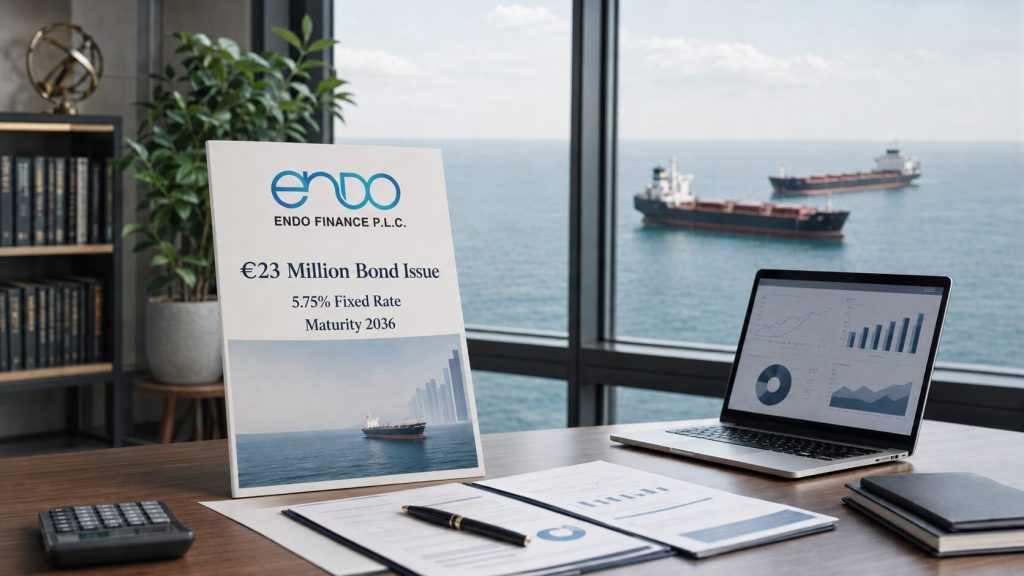 Endo Finance €23 million bond prospectus showing a 5.75% fixed rate and 2036 maturity, with two cargo vessels visible outside a financial office.