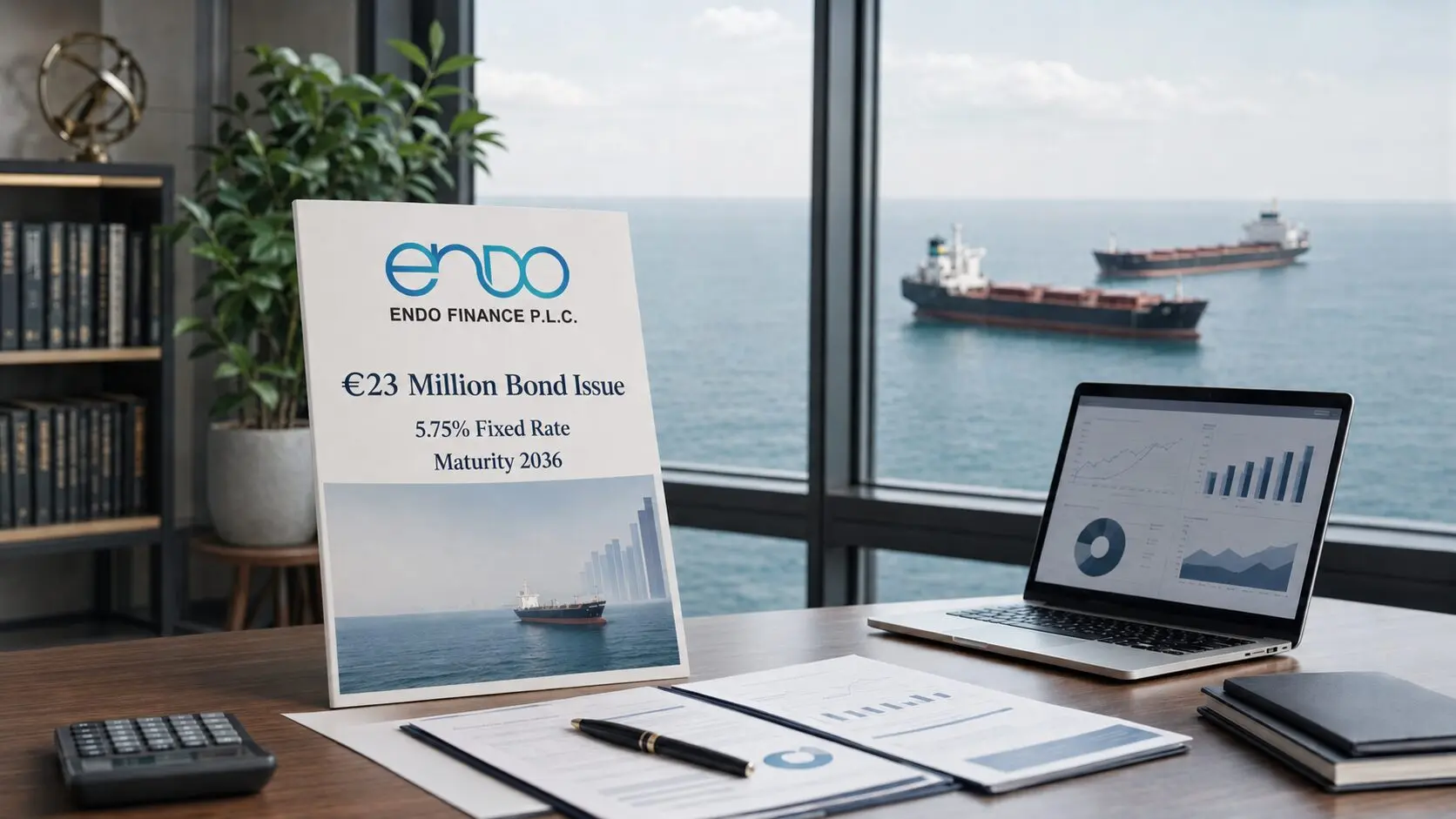 Endo Finance €23 million bond prospectus showing a 5.75% fixed rate and 2036 maturity, with two cargo vessels visible outside a financial office.