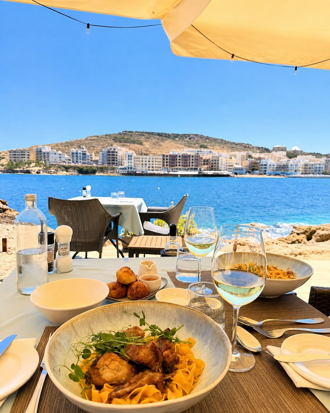 Seaside restaurant table set with pasta, wine and bread overlooking calm blue water and a coastal town.